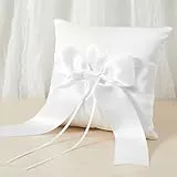 Skrfren Satinband Hochzeit Ringkissen, Weiß Ring Bearer Kissen Mit Schöne Bowknot Weiß Brautkissen Träger Ehering Kissen Mit Simulation Perle Für Verlobung Oder Eheringe Vintage, 15 X15cm