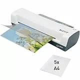 Leitz iLAM Home A4 Laminiergerät, Für 75 bis 125 mic Laminierfolien, 3 Minuten Aufwärmzeit, Inkl. Starterkit mit 5 Folien, Optimal für den Einsatz Zuhause, Home Office & Schule, Weiß, 74310001
