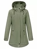 CMTOP Jacke Damen Lang Wasserdicht Winddicht Parka Reißverschlusstasche Übergangsjacke Abnehmbare Kapuze Softshelljacke Windbreaker Leicht Regenjacke für Frühling Sommer Herbst(Grün,XL)