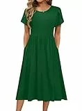 Hotouch Sommerkleid Damen Freizeit Kleider Rundhals Kurzarm Kleid Leicht Einfarbig Strandkleid A-Linie Freizeitkleid mit Taschen Grün XXL