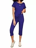 Totatuit Damen Trainingsanzüge Set mit Kurze ärmel Tops und 3/4 Hose Schulterfreier Elastischer Bund Dehnbarer Zweiteiliges Outfit Loungewear Saphir L