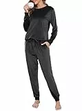 Wikoan Fleece Damen Schlafanzug Winter Zweiteiliger Pyjama Lang Rundhals Hausanzug Pyjama Set Nachtwäsche Oberteil und Hose Schwarz XL