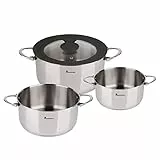 MasterPRO Foodies - Küchenbatterie - 4 -Stück -Set mit 4, 20 und 24 cm Pfannen und Glasdeckel - Hergestellt in Edelstahl - kompatibel mit allen Arten von Küchen