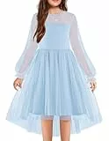 Arshiner Mädchen Kleid Langarm Festlicheskleid Blau Kinder Mesh Partykleid High-Low Tüllkleid Hochzeit Blumenmädchenkleider Ballkleid 6-7 Jahre