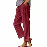 KOG Gutscheine Hose Damen Leinenhose Fashion Sommerhose Leinen Leicht Cargohose Frauen Jogging Hose Einfarbig Sommer Gym Hose Weiße Strandhose Kurzgrößen Gothic Hose Angebote Rot M