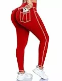 STARBILD Damen Sportleggings Push Up Po, Booty Leggings Sport mit Taschen Hohe Taille Blickdicht, Scrunch Yogahose Workout Gym, Mit Zwei Taschen - Rot S