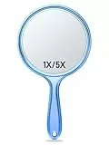 OMIRO Handspiegel, Doppelseitiger Handspiegel 1X/5X Vergrößerungsspiegel mit Griff (Transparent Blau)