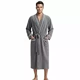 U2SKIIN Herren Bademantel 100% Baumwolle Leicht lang Bademantel Kimono Kragen Weich Hautfreundlich Spa Robe (Grau, L/XL)