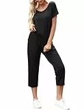 Totatuit Trainingsanzug Damen Sommer Tracksuit Kurzarm ärmel Tops und 3/4 Hose Schulterfreier Elastischer Bund Dehnbarer Jogginganzug Elegant Hausanzug Loungewear Zweiteiler Outfit Set
