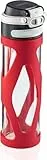 Leifheit Glasflasche Flip 600ml, 100% dichte Sportflasche, praktisches Öffnen mit einer Hand, Trinkflasche mit Filter für Fruchteinsatz, nachhaltige Wasserflasche, BPA frei, stoßfest, rot