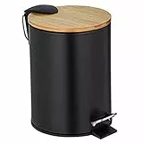 WENKO Kosmetik-Treteimer Mod. Tortona, schwarzer Eimer mit Bambusdeckel, 3 Liter, Badezimmer-Mülleimer mit Easy-Close Absenkautomatik, aus rostfreiem satiniertem Edelstahl, 17 x 23,5 x 21 cm