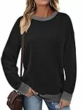 Cuptacc Sweatshirt Damen Ohne Kapuze Schicker Casual Locker Thermo Pullover Kontrast Große Größen Retro Dicker Langarmshirt Damen Schwarz Grau M Mittel