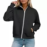 Generisch übergangsjacke Damen, Sweatjacke Damen Ohne Kapuze mit Tasche - Y2K Sweatshirt Jacke Übergangsjacke Leichte Langarm Reißverschluss Sportjacke Loose Tops Oberteile,Schwarz