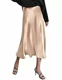 Zeagoo Damen Satin Rock Lang Hohe Taille Skirt Elegant Seide Midirock Herbst Midi Business Rock Helles Khaki L
