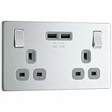 BG Electrical FPC22U3G, schraubenlose Flachplatte, poliert, Chrom, doppelt geschaltete, 13A-Steckdose mit USB-Aufladung - 2X-USB-Buchsen (3.1A) Grauer Einsatz