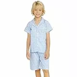Mud Kingdom Kinder Pyjamas 2 Teil Set Kariert Knopf Vorne Nachtwässe für Kleiner Junge Kurzarm Nachtwässe Blau 6 Jahre