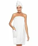 vislivin Bademantel Damen Saunakilt & Haartuch Sauna Kilt Frauen Saunakilt mit Klettverschluss und Gummizug Weiß S/M