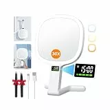Auxmir Kosmetikspiegel mit Beleuchtung LED Display für Zeit/Akku/Helligkeit, 30X / 1X Schminkspiegel mit 3 Farben, Faltbar Vergrößerungsspiegel Reisespiegel Tischspiegel mit Licht für Zuhause Reise