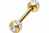 PIERCINGLINE Chirurgenstahl Barbell EPOXYRING KUGELN + KRISTALLE Piercing Stab Brust Zunge Goldfarben Kristallklar 14 mm