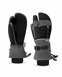 Caracaleap Skihandschuhe Herren Damen Fäustlinge 3 Finger Handschuhe Wasserdicht Winterhandschuhe für Skifahren Snowboard Eislaufen Wandern Grau M-L