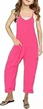 Haloumoning Mädchen Ärmellose Jumpsuits Spaghetti Strap Freizeit Baumwolle Overalls Kinder Sommer Lose Romper Hosen mit Taschen, Rosenrot, 7-8 Jahre