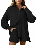 Viottiset Damen 2-Teiliges Outfit-Set Langarm Knöpfen Top Kurze Hose Kordelzug Lässiger Loungewear Pajamas Schwarz S