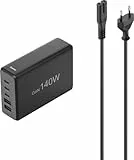 Hama 5-Fach USB GaN Ladestation Schnellladegerät 140W (Mehrfach USB-Ladestation USB-C PD/A, Multiport Charger mit Kabel für Handy, iPhone, Samsung, Tablet, iPad etc. GaN-Netzteil Laptop) schwarz