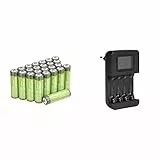 Amazon Basics – AA-Batterien mit hoher Kapazität, wiederaufladbar, 2400 mAh (24er-Pack), vorgeladen & Intelligentes, digitales Akku-Ladegerät für 4 AA-, AAA-Akkus