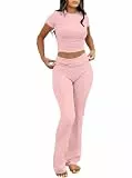IWOLLENCE Lounge Set Damen Zweiteiler Hausanzug Kurzarm Oberteil mit Breitem Elastischem Hosenbund Schlaghose Loungewear Set (Rosa, M)