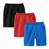 Codkkre Jungen Shorts Kurze Hose für Jungen Baumwolle Kinder Sommer Hosen 3er-Pack,Schwarz/Rot/Blau 110