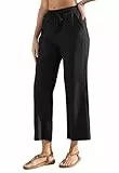 Fourindo Sommerhose Damen Leicht Leinenhose Damen Weites Bein Sommer Hosen Hohe Taille Stoffhose mit Taschen Bequeme Causal Locker Palazzo Hose