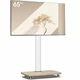 AOKCOS TV Ständer Rollbar mit Holzablage, Fernsehständer auf Rollen für 32-65 Zoll Fernseher, TV Bodenständer Höhenverstellbar Schwenkbar, bis 40 kg Max. VESA 400x400mm (Weiß+Natur)