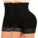YARRCO Bauchweg Unterhose Damen Shapewear Nahtlose Spitze Miederhhose Hohe Taille Kurze Miederpants Body Shaper Leggings Figurformende Unterwäsche (Schwarz+Schwarz, 2XL)