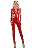 MISS NOIR Damen Vinyl Overall im Wetlook S-3XL mit 4-Wege-Reißverschluss Sexy Jumpsuit Catsuit Exklusives Clubwear, Rot (112VI-RD), XL