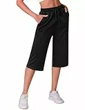 Crewhpo Jogginghose Damen 3/4 Lang Sporthose High Waist Freizeithose mit Taschen Einfarbige Hose Frauen Sweathose Trainingshose Yogahose für Sommer Schwarz