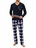 Uniexcosm Schlafanzug Herren Lang Kariert Pyjama Set Zweiteiler Nachtwäsche V-Ausschnitt Langarm Oberteil und Pyjamahose Sleepwear Schlafanzüge für Männer Marineblau XL