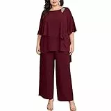 Hanna Nikole Zweiteiler Damen Große Größen Hosenanzug Fledermausärmel Cape-Ärmel Strass Lose Rundhals Chiffon Shirt Hohe Taille Elegant Hohe Taille Lange Hose Weinrot 46