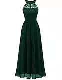 WedTrend Damen Spitzenkleid Brautjungfer Kleid Lang Chiffon Abendkleid Party Cocktailkleid Neckholder Sommerkleid Dunkelgrün WT0201 DarkGreen S