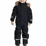 Awrvia Schneeanzug Kinder Warmes Daunenjacke Set Wasserdichter Winter Skijacke Softshell Dickere Skihose Fellkragenkapuze Winddichter Skianzug Reflektierenden Streifen Schneeoverall (160, 02-schwarz)