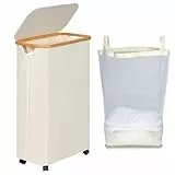 efluky Wäschekorb mit Rollen, 75L Faltbarer Wäschekorb mit Deckel, Beige Schlanker Wäschebehälter mit Bambusgriffen und abnehmbarem Beutel für Schlafzimmer, Bad, Waschküche