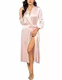 Ekouaer Satin Bademäntel Damen Leicht Morgenmantel Lang Seidenroben Nachtwäsche mit Taschen Kimono, Rosa, S