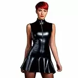 Rubberfashion Wetlook Kleid Damen - figurbetontes Minikleid ohne Ärmel und Volantrock - stilvoll für den Alltag - als Abendmode und Party Outfit für Frauen