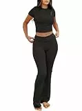 IWOLLENCE Lounge Set Damen Zweiteiler Hausanzug Kurzarm Oberteil mit Breitem Elastischem Hosenbund Schlaghose Loungewear Set (Schwarz, L)