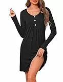 Crewhpo Nachthemd Damen Langarm Baumwolle Nachtwäsche mit V-Ausschnitt Nachthemden Winter Lang Sleepshirt Nachtkleid Schlafshirt Frauen Langärmeliges Schwarz S