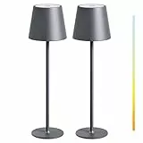 MALUX LED Tischlampe Kabellos 2 Stück Touch Dimmbare 2700K-4000K Metall IP44 Wasserdicht, USB-C Aufladung, 8-15h Akkulaufzeit Tischleuchte für Garten Esstisch Schlafzimmer Balkon Hotel (Grau)