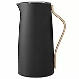 Stelton Kaffee-Isolierkanne Emma - Edelstahl-Thermoeinsatz, doppelwandig isoliert - Thermoskanne/Kaffeekanne/Teekanne mit Buchenholzgriff, Easy-Click-Deckel - 1,2 Liter, glänzendes Finish, Mattschwarz