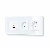 LIAONFOY 65W Super Lade mit Doppel Steckdose Super Fast Charging Drei Ports usb c Kombination 3 Fach Wandsteckdose Glasrahmen Weiß 228mm 100-240V (Neutrale Linie erforderlich)