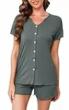 Vlazom Damen Schlafanzug Kurzarm Pyjama Set mit Knöpfe V-Ausschnitt Sleepwear Sommer Nachtwäsche（L，Stil B-Dunkelgrau）