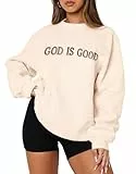 MAPICK Christliche Damen-Sweatshirts, Fleece, Rundhalsausschnitt, bestickt, 'God is Good', lässiger Pullover, aprikose, L