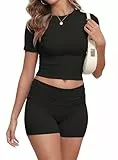 IWOLLENCE Lounge Set Damen Loungewear Sommer Zweiteiler Hausanzug Kurzarm Oberteil mit Breitem Elastischem Hosenbund und Shorts Sport Set (Schwarz, XS)